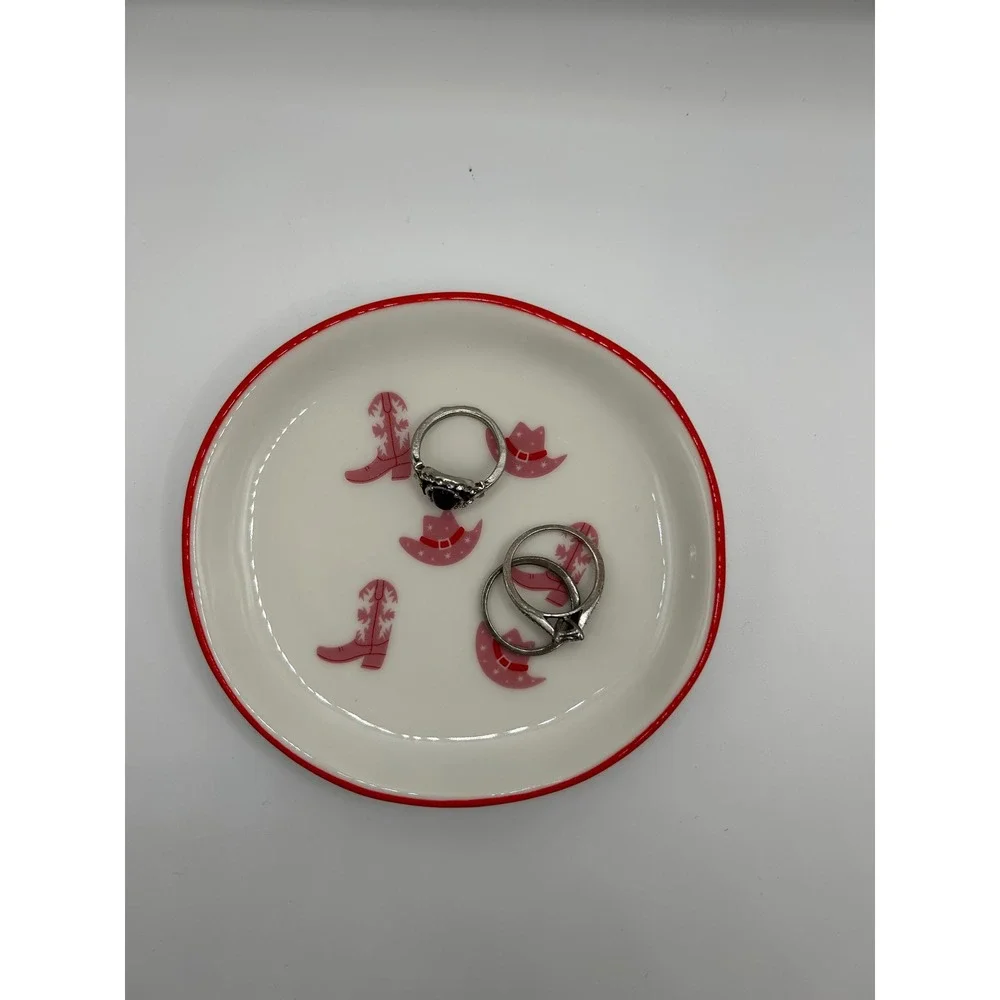 Pink Cowgirl Boot Western Hat Ceramic Trinket Dish Jewelry Tray Red Rim Round